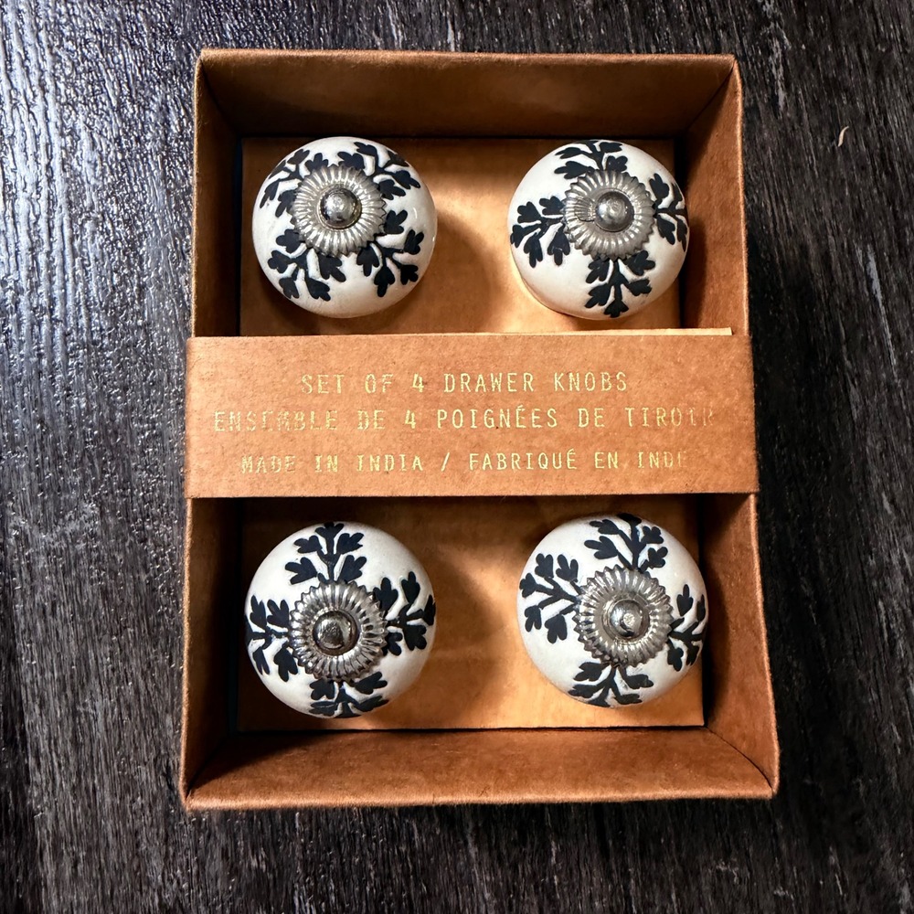 Vine Craft Drawer Knobs Set of 4 White Navy Blue Ceramic Floral Botanical Pulls